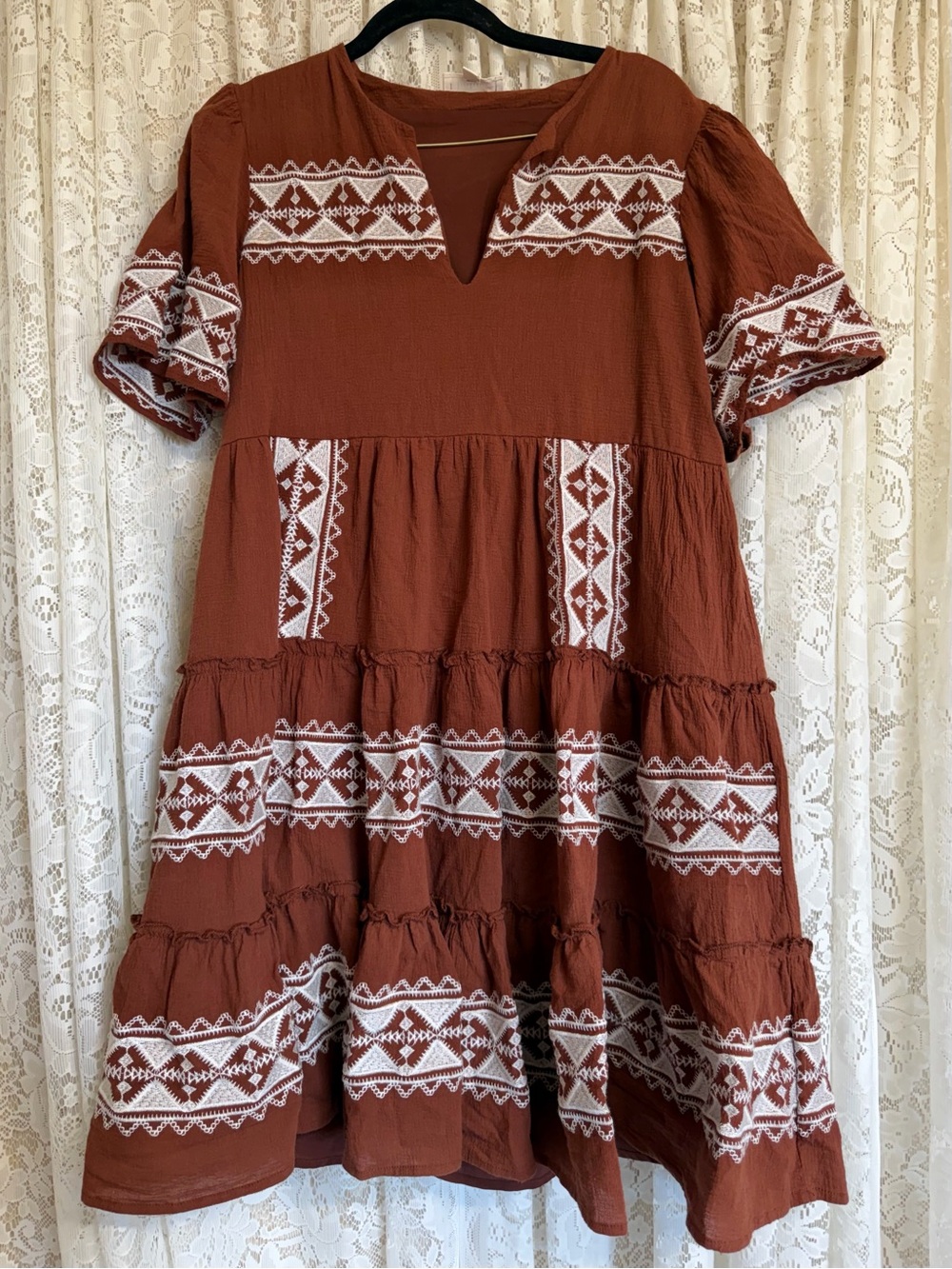 Bohme Embroidered Rust Brown Tiered Mini Dress